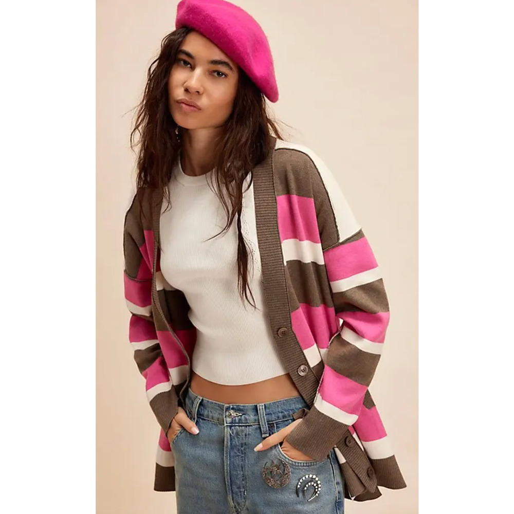 FREE PEOPLE AURORA PINECONE COMBO LEAGUE OF HER OWN STRIPED CARDIGAN SWEATER XS